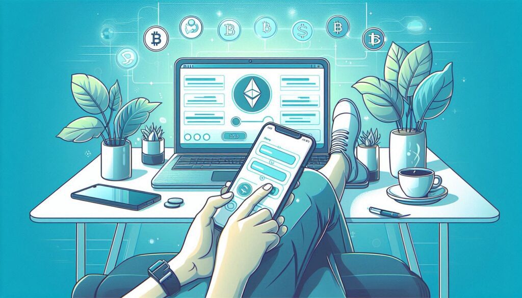 Persona utilizando su wallet cripto en su celular y su computadora