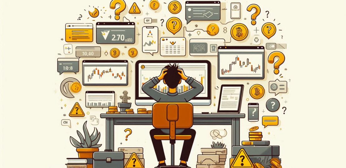 A digital illustration of a person sitting at a desk, overwhelmed by cryptocurrency charts and icons