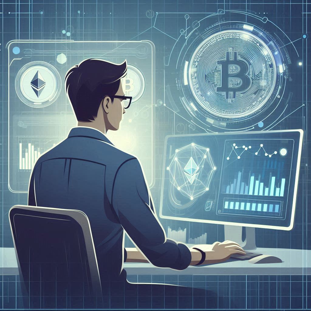 Tendencias criptomonedas 2025. Una persona profesional utilizando los servicios de la IA para ayudarlo en sus inversiones en activos de criptomonedas
