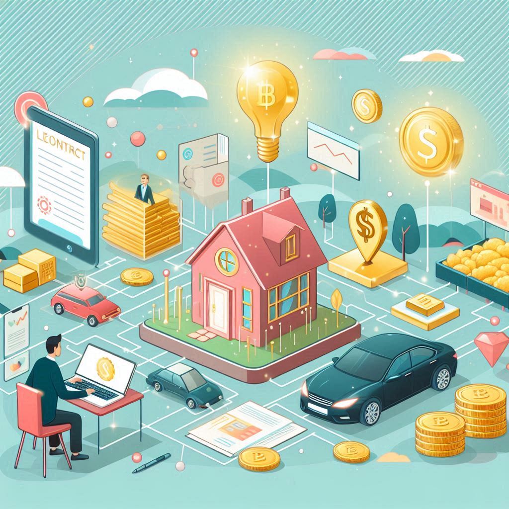 Ilustración digital en colores pasteles que muestra una persona analizando desde su computadora cómo activos físicos como casas, oro, autos y campos se representan como tokens digitales conectados a blockchain. RWA