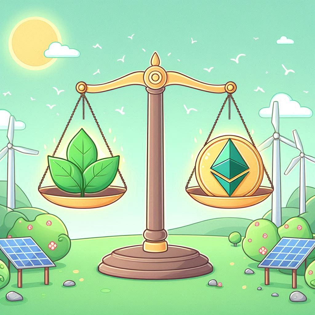 lustración digital en estilo cartoon que muestra el equilibrio entre la tecnología blockchain y la sostenibilidad, con una hoja verde y un símbolo cripto en una balanza, rodeados de paneles solares y turbinas eólicas.