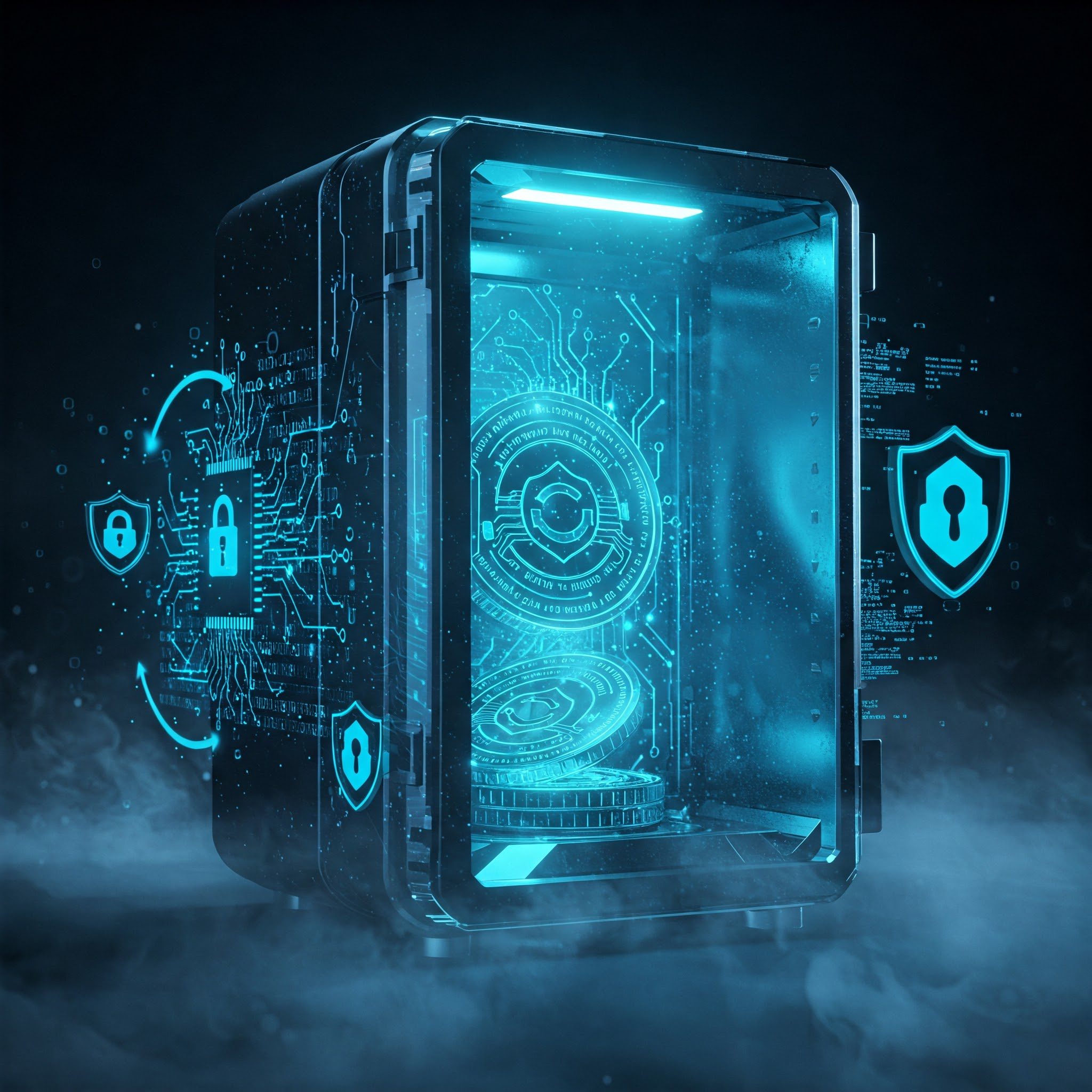 Bóveda digital con stablecoins en su interior, rodeada de escudos y símbolos de seguridad.