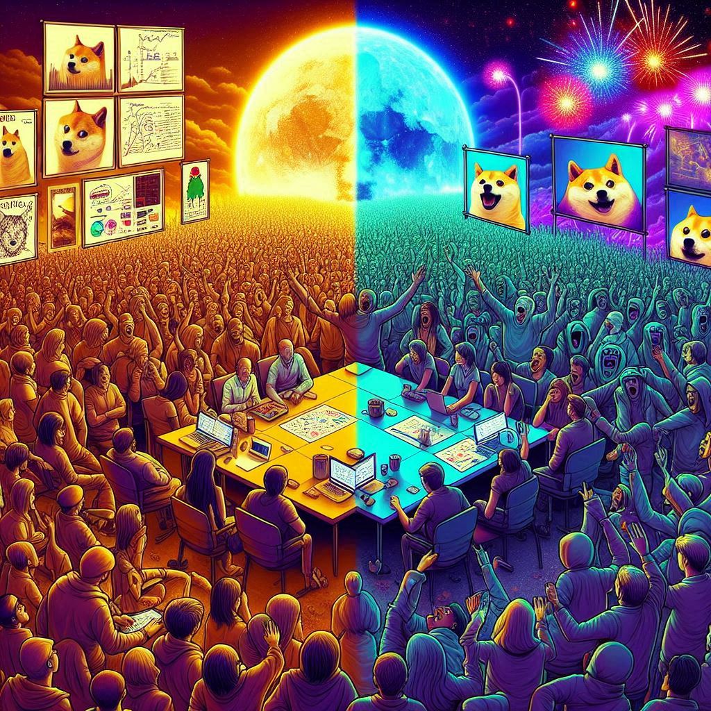 lustración dividida: a la izquierda, una comunidad cripto seria y colaborativa con laptops y gráficos; a la derecha, una multitud descontrolada celebrando con memes de Doge, Pepe y Shiba Inu