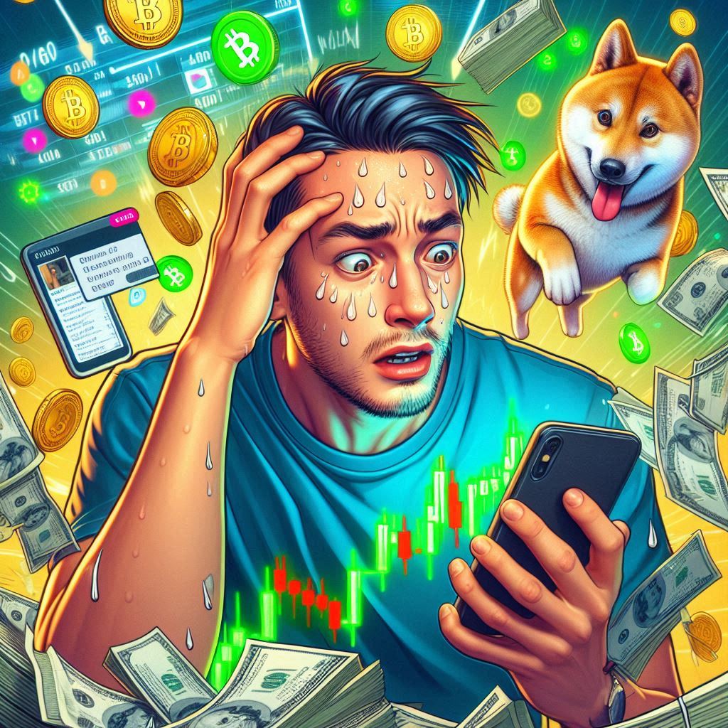 Hombre joven sudando mientras mira su celular para invertir en cripto con gráficos de criptomonedas disparándose, rodeado de memes como Doge, Pepe y Shiba Inu, en un entorno caótico y colorido