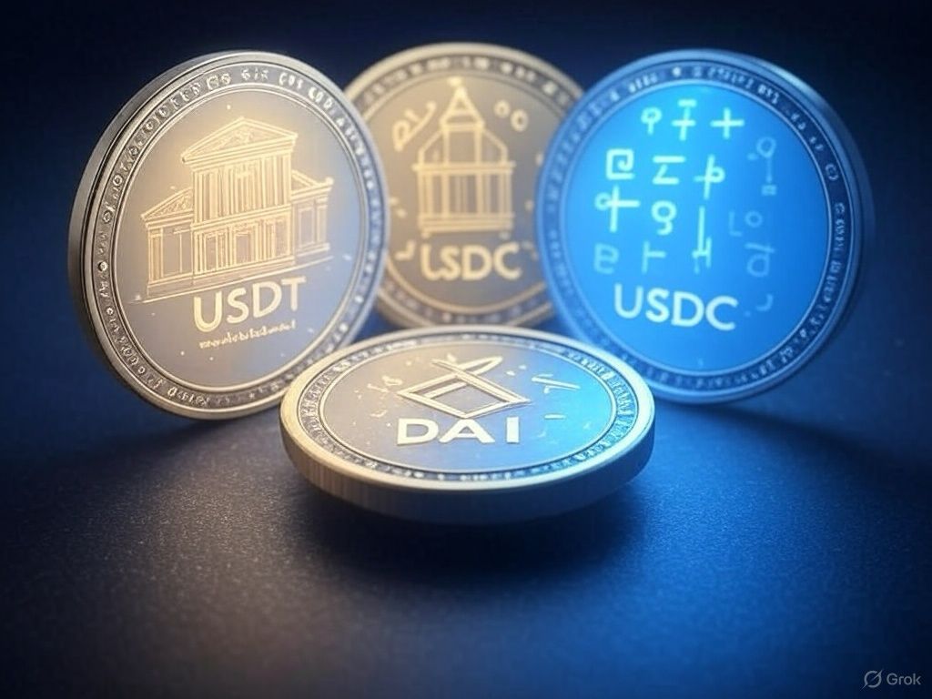 Las mejores stablecoins con etiquetas USDT, DAI y USDC, representando los diferentes tipos de stablecoins.