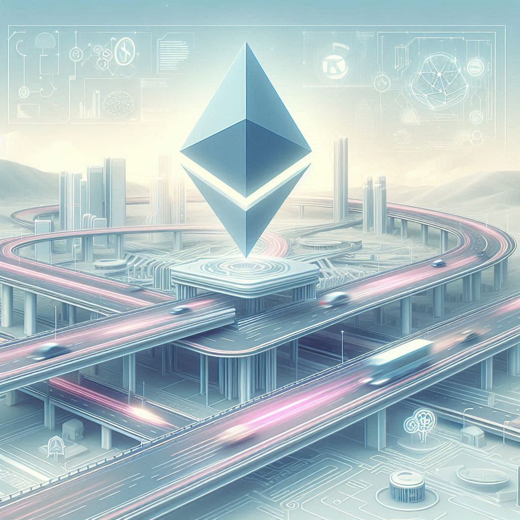Una ilustración digital en estilo futurista y minimalista, con colores suaves y pasteles. Mostrar una blockchain principal (Ethereum) como una gran autopista elevada, y debajo varias autopistas paralelas más livianas (Layer 2) con autos circulando rápido. Incluir íconos o símbolos genéricos que representen tecnología, velocidad y descentralización. Fondo claro, estilo limpio y accesible visualmente