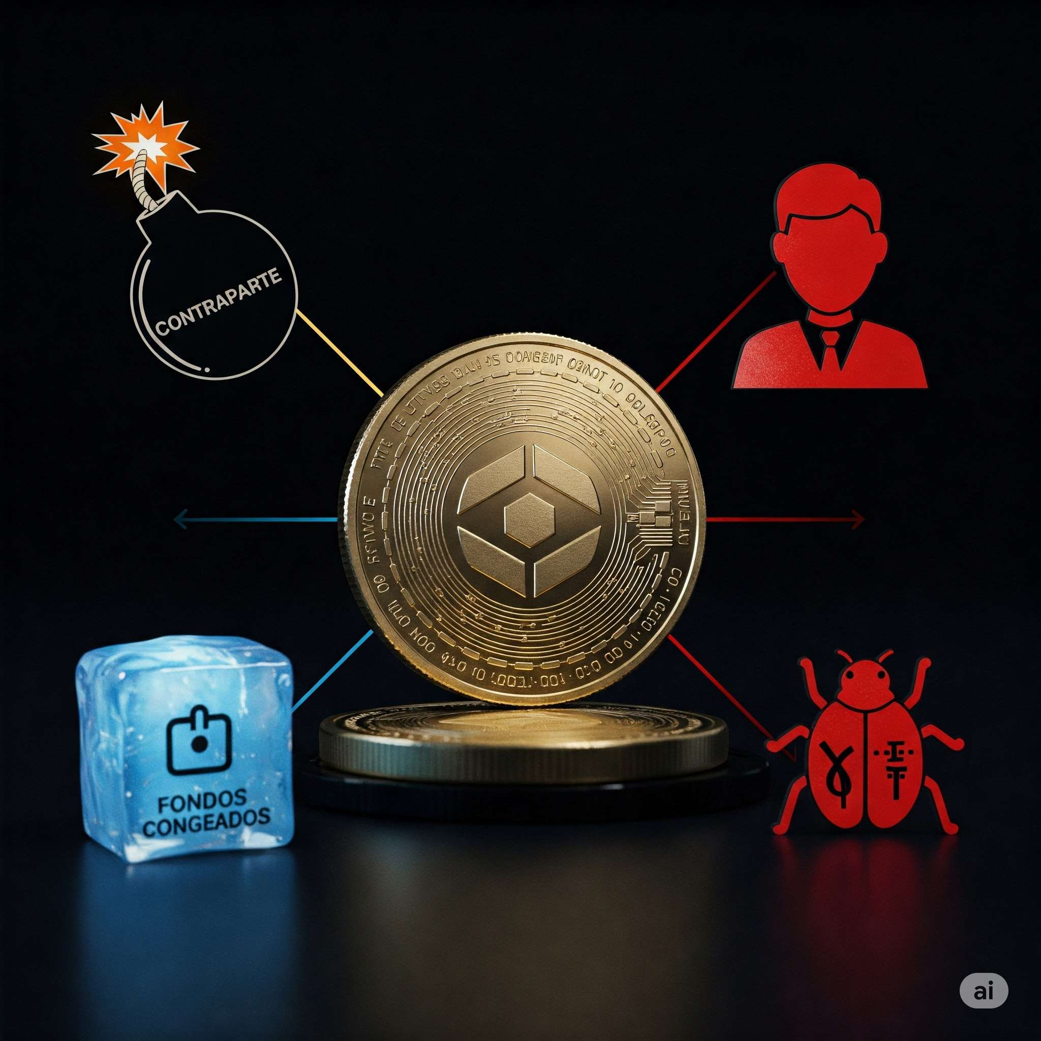 Una moneda estable rodeada de cuatro amenazas: bomba por riesgo de contraparte, hielo por fondos congelados, juez por regulación y bicho por fallos técnicos.